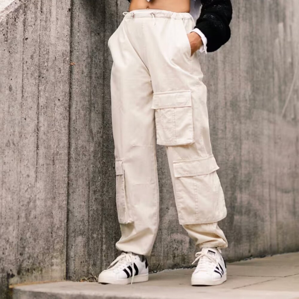 ASOS DESIGN patch pocket parachute cargo pants in stone, US 6